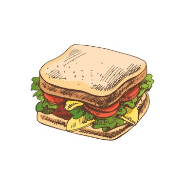 Sebzeli, peynirli, etli bir sandviç parçasının el çizimi çizimi. Doodle vintage çizimi. Kafelerin ve etiketlerin menüsü için dekorasyonlar. Kabartmalı resim.