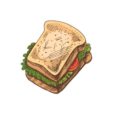 Sebzeli, peynirli, etli bir sandviç parçasının el çizimi çizimi. Doodle vintage çizimi. Kafelerin ve etiketlerin menüsü için dekorasyonlar. Kabartmalı resim.