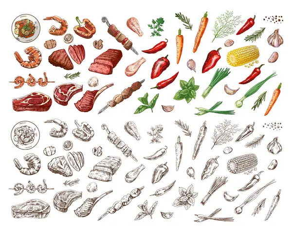 Mangal ve piknik malzemelerinin el yapımı ve tek renkli çizimleri. Kafe menüsünün tasarımı için ızgara yemek. Doodle vintage çizimi. İşlemeli.