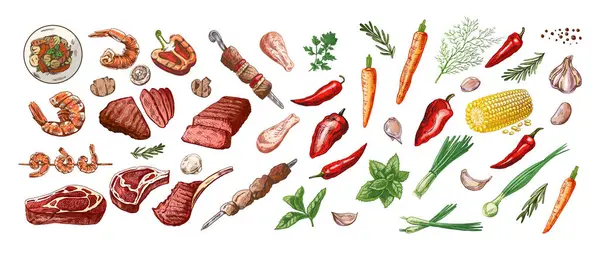 Mangal ve piknik malzemelerinin el çizimi çizimleri. Kafe menüsünün tasarımı için ızgara yemek. Doodle vintage çizimi. İşlemeli.