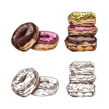 Elle çizilmiş renkli ve tek renkli donut çizimleri. Klasik illüstrasyon. Hamur tatlısı, tatlı. Etiket, ambalaj ve kartpostalların tasarımı için elementName.