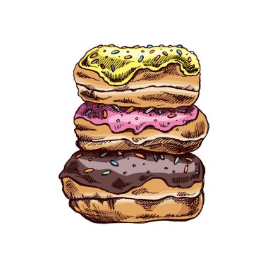 Elle çizilmiş bir çörek çizimi. Klasik illüstrasyon. Hamur tatlısı, tatlı. Etiket, ambalaj ve kartpostalların tasarımı için elementName.