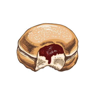 Geleneksel Alman çöreği reçelli, tozlu. Klasik renkli illüstrasyon. Hamur tatlısı, tatlı. Etiket, ambalaj ve kartpostalların tasarımı için elementName.