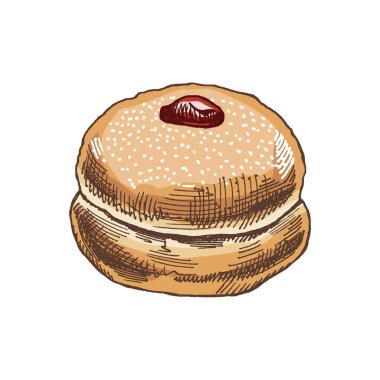 Geleneksel Alman çöreği reçelli, tozlu. Klasik renkli illüstrasyon. Hamur tatlısı, tatlı. Etiket, ambalaj ve kartpostalların tasarımı için elementName.