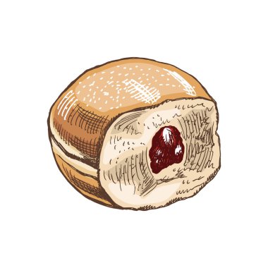 Geleneksel Alman çöreği reçelli, tozlu. Klasik renkli illüstrasyon. Hamur tatlısı, tatlı. Etiket, ambalaj ve kartpostalların tasarımı için elementName.