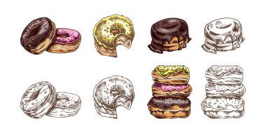 Bir dizi elle çizilmiş renkli ve tek renkli donut çizimi. Klasik illüstrasyon. Hamur tatlısı, tatlı. Etiket, ambalaj ve kartpostalların tasarımı için elementName.