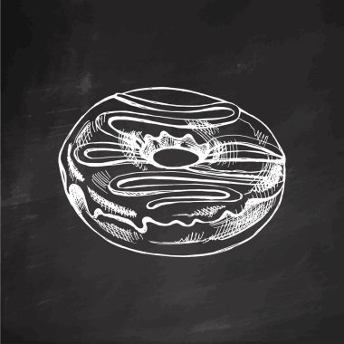 Elle çizilmiş bir çörek çizimi. Tahta arka planda klasik illüstrasyon. Hamur tatlısı, tatlı. Etiket, ambalaj ve kartpostalların tasarımı için elementName.