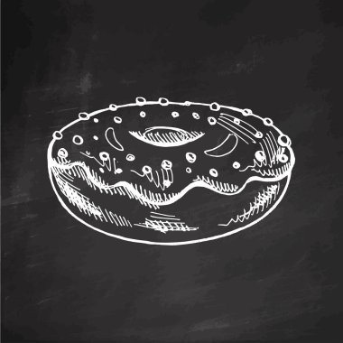 Elle çizilmiş bir çörek çizimi. Tahta arka planda klasik illüstrasyon. Hamur tatlısı, tatlı. Etiket, ambalaj ve kartpostalların tasarımı için elementName.