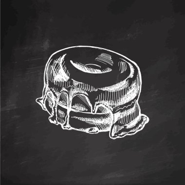 Elle çizilmiş bir çörek çizimi. Tahta arka planda klasik illüstrasyon. Hamur tatlısı, tatlı. Etiket, ambalaj ve kartpostalların tasarımı için elementName.