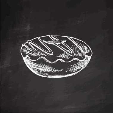 Elle çizilmiş bir çörek çizimi. Tahta arka planda klasik illüstrasyon. Hamur tatlısı, tatlı. Etiket, ambalaj ve kartpostalların tasarımı için elementName.