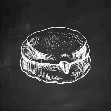 Geleneksel Alman cila çöreğinin reçelli ve tozlu el çizimi. Tahta arka planda klasik illüstrasyon. Hamur tatlısı, tatlı. Etiket, ambalaj ve kartpostalların tasarımı için elementName.