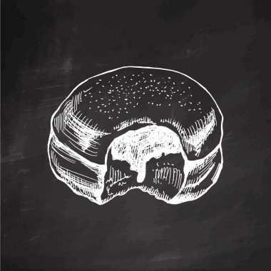 Geleneksel Alman cila çöreğinin reçelli ve tozlu el çizimi. Tahta arka planda klasik illüstrasyon. Hamur tatlısı, tatlı. Etiket, ambalaj ve kartpostalların tasarımı için elementName.