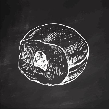 Geleneksel Alman cila çöreğinin reçelli ve tozlu el çizimi. Tahta arka planda klasik illüstrasyon. Hamur tatlısı, tatlı. Etiket, ambalaj ve kartpostalların tasarımı için elementName.