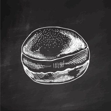 Geleneksel Alman cilası çöreğinin el çizimi, tozlu. Tahta arka planda klasik illüstrasyon. Hamur tatlısı, tatlı. Etiket, ambalaj ve kartpostalların tasarımı için elementName.