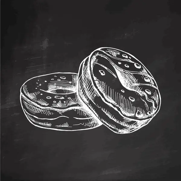 Elle çizilmiş donut çizimi. Tahta arka planda klasik illüstrasyon. Hamur tatlısı, tatlı. Etiket, ambalaj ve kartpostalların tasarımı için elementName.