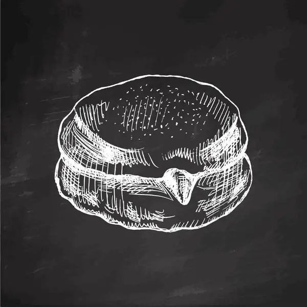 Geleneksel Alman cila çöreğinin reçelli ve tozlu el çizimi. Tahta arka planda klasik illüstrasyon. Hamur tatlısı, tatlı. Etiket, ambalaj ve kartpostalların tasarımı için elementName.