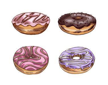 Bir dizi çöreğin elle çizilmiş bir çizimi. Klasik illüstrasyon. Hamur tatlısı, tatlı. Etiket, ambalaj ve kartpostalların tasarımı için elementName.