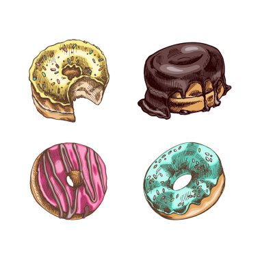 Bir dizi çöreğin elle çizilmiş bir çizimi. Klasik illüstrasyon. Hamur tatlısı, tatlı. Etiket, ambalaj ve kartpostalların tasarımı için elementName.