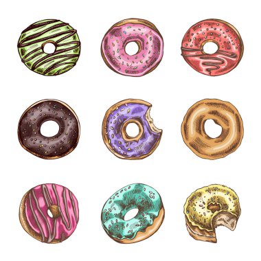 Bir dizi çöreğin elle çizilmiş bir çizimi. Klasik illüstrasyon. Hamur tatlısı, tatlı. Etiket, ambalaj ve kartpostalların tasarımı için elementName.