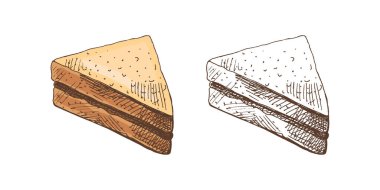 El çizimi renkli ve tek renkli bir sandviç parçasının vektör çizimi. Doodle vintage çizimi. Kafelerin ve etiketlerin menüsü için dekorasyonlar. Kabartmalı resim.