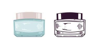 Kremalı el yapımı cam kavanoz, güzellik kozmetik unsuru, kişisel bakım. Güzellik salonu için resim, kozmetik mağazası. Renkli düz stil ve siyah karalama biçimi.