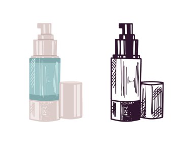 Elle çizilmiş krem şişesi, güzellik kozmetik unsuru, kişisel bakım. Güzellik salonu için resim, kozmetik mağazası. Renkli düz stil ve siyah karalama biçimi.