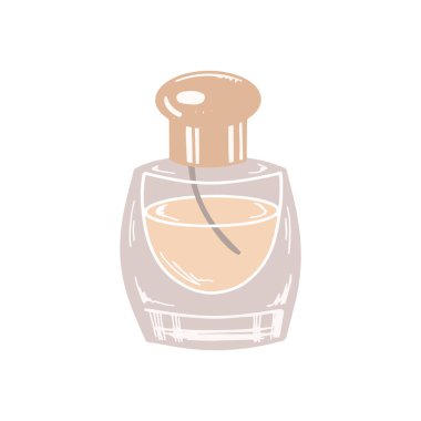El yapımı parfüm şişesi, güzellik kozmetik unsuru, kişisel bakım. Güzellik salonu için resim, kozmetik mağazası, makyaj tasarımı. Renkli düz biçim. 