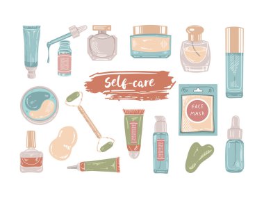 El çizimi düz renkli kozmetik çizimler, güzellik, kişisel bakım öğeleri. Güzellik salonu, kozmetik mağazası, makyaj tasarımı. 