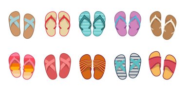 Vector yaz terlikleri, düz dizayn. Beyaz arka planda Vietnam parmak arası terlikler. Vietnam plajı için tahta ayakkabılar. Parmak arası terlikler, yaz ayakkabısı çizimleri, yukarıdan görünüm. 