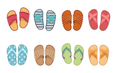 Vector yaz terlikleri, düz dizayn. Beyaz arka planda Vietnam parmak arası terlikler. Vietnam plajı için tahta ayakkabılar. Parmak arası terlikler, yaz ayakkabısı çizimleri, yukarıdan görünüm. 
