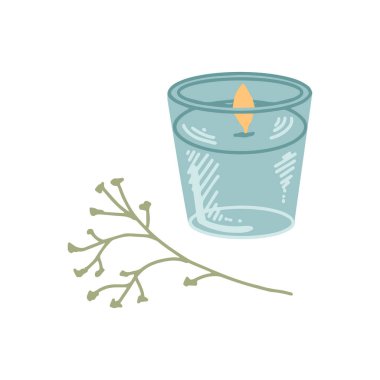 Hand-drawn colored wax candle in a glass jar-candlestick with a twig. Beauty cosmetic element, self care. Flat style.	