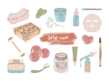 Kozmetik, güzellik ve kişisel bakım unsurlarının el yapımı çizimleri. Güzellik salonu için resim, kozmetik mağazası, makyaj tasarımı. Düz tasarım.