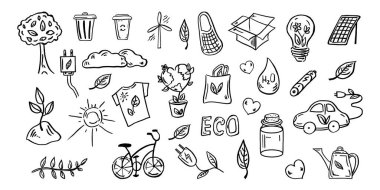 Ekoloji seti. Elle çizilmiş karalama vektör çizimi. Ekoloji problemi, geri dönüşüm ve yeşil enerji ikonları. Çevresel semboller.