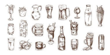 Bir dizi el yapımı içki taslağı. Vintage tarzında vektör illüstrasyonu. İçecekler. Menü için iyi..