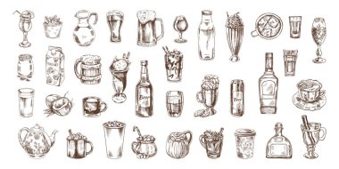 Bir dizi el yapımı içki taslağı. Vintage tarzında vektör illüstrasyonu. İçecekler. Menü için iyi..