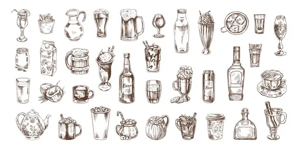 Bir dizi el yapımı içki taslağı. Vintage tarzında vektör illüstrasyonu. İçecekler. Menü için iyi..