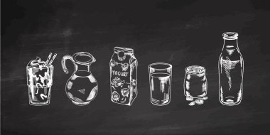 A set of hand-drawn sketches of milk drinks isolated on chalkboard background. Vector illustration in vintage style. Beverages. Good for the menu.	