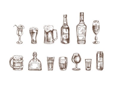A set of hand-drawn sketches of alcohol drinks. Vector illustration in vintage style. Beverages. Good for the menu.	