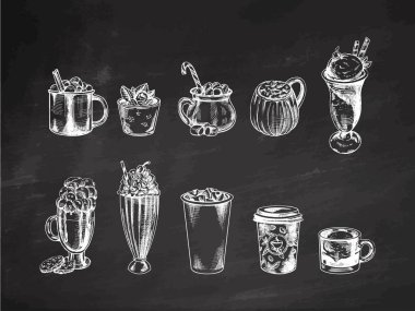 A set of hand-drawn sketches of cold and hot drinks on chalkboard background. Vector illustration in vintage style. Beverages. Good for the menu.	