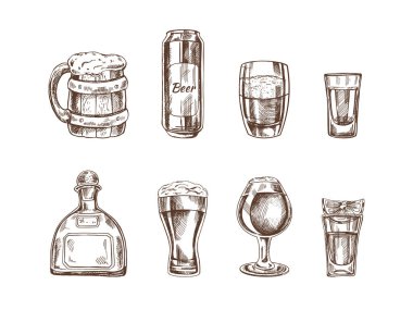 A set of hand-drawn sketches of alcohol drinks. Vector illustration in vintage style. Beverages. Good for the menu.	