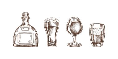 A set of hand-drawn sketches of alcohol drinks. Vector illustration in vintage style. Beverages. Good for the menu.	