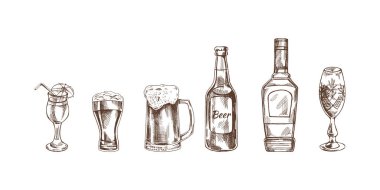 A set of hand-drawn sketches of alcohol drinks. Vector illustration in vintage style. Beverages. Good for the menu.	