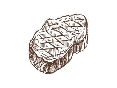 Organik yiyecekler. Biftek, biftek ve et parçasının el yapımı vektör çizimi. Doodle vintage çizimi. Kafelerin ve etiketlerin menüsü için dekorasyonlar. Kabartmalı resim.