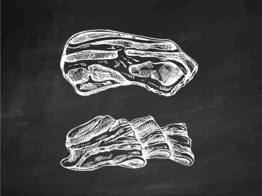 El yapımı vektör çizimi domuz pastırması, balon ya da domuz eti, karatahta üzerinde jambon dilimleri. İtalyan prosciutto klasik eskizi. Kasap dükkanı. Kabartmalı resim.