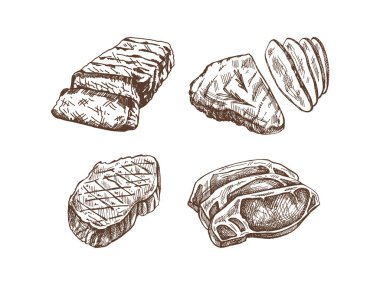Organic food. Hand-drawn monochrome vector sketches of grilled beef steaks, pieces of meat. Vintage illustration. Decorations for the menu. Engraved image.	