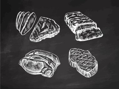 Hand- drawn monochrome vector sketches of grilled beef steaks, pieces of meat. Vintage illustration on chalkboard background. Decorations for menu. Engraved image.	