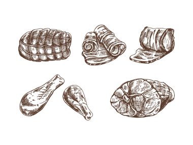 Et parçaları, biftek, jambon, domuz eti ve tavuk çizimleri. Taze çiğ et ürünleri. Restoranlar için menü tasarlamak, kasap dükkanı. Vintage oymalı.