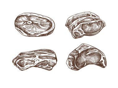Et, domuz eti ya da biftek, et, pastırma, et parçası, vektör çizimi gibi elle çizilmiş çizimler. Çiğ et. Klasik illüstrasyon. Kafelerin menüsü için dekorasyonlar. Kabartmalı resim.