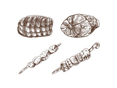 Et parçaları, jambon, domuz eti, kurutulmuş et, kebap. Taze et ürünleri. Menü tasarımı için, kasap dükkanı. 