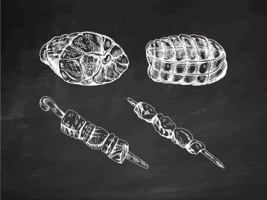 Et parçaları, jambon, domuz eti, kurutulmuş et ve karatahta kebap çizimleri. Taze et ürünleri. Menü tasarımı için, kasap dükkanı. 